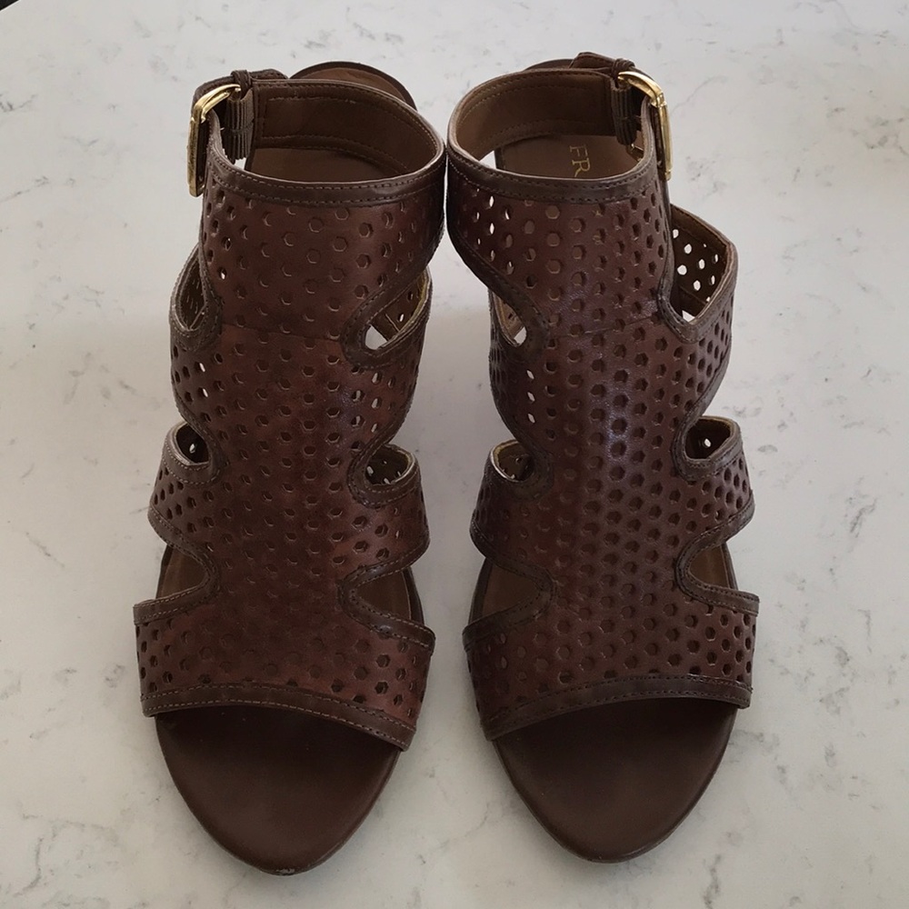 Franco Sarto saddle tan leather wedge sandals